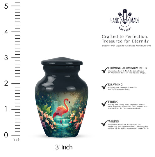 Serene Blue Flamingo Cremation Urn close-up of engraving and surface detail - traditional flamingo engraving with hand-polished finish - mini keepsake memorial for portion of cremation ashes