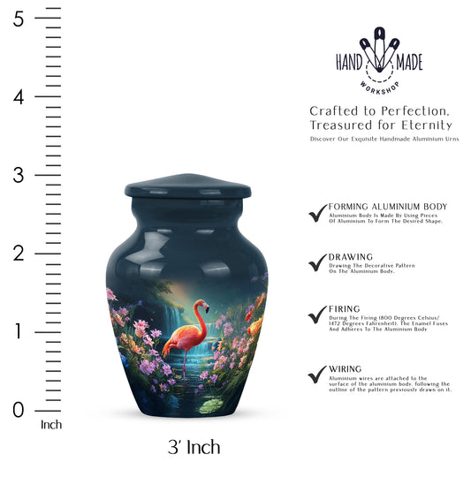 Indigo Flamingo Cremation Urn close-up of engraving and surface detail - timeless flamingo motif etched into premium metal - mini keepsake memorial for portion of cremation ashes