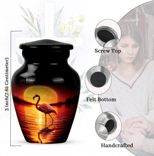 Deep Black Flamingo Cremation Urn close-up of engraving and surface detail - classic sculpted flamingo pattern on smooth aluminum - mini keepsake memorial for portion of cremation ashes