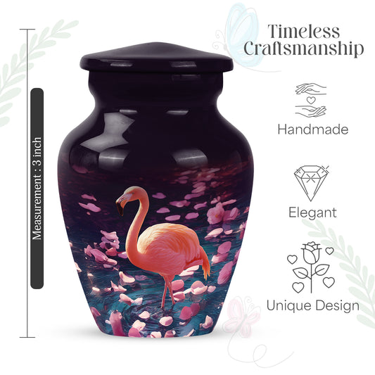 Plum Purple Flamingo Cremation Urn close-up of engraving and surface detail - timeless flamingo motif etched into premium metal - mini keepsake memorial for portion of cremation ashes