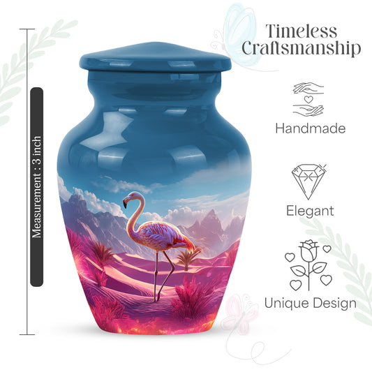 Cobalt Blue Flamingo Cremation Urn close-up of engraving and surface detail - elegant classic flamingo relief with fine detailing - mini keepsake memorial for portion of cremation ashes