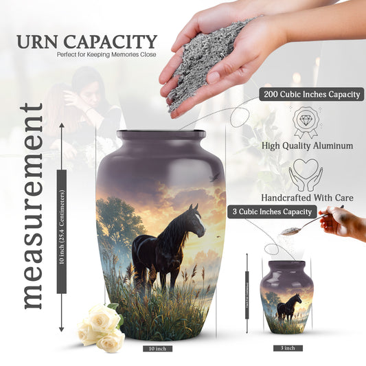 Dark Black Horse Cremation Urn close-up of engraving and surface detail - traditional horse engraving with hand-polished finish - mini keepsake memorial for portion of cremation ashes