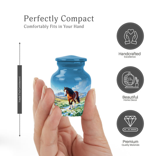 Steel Blue Horse Cremation Urn close-up of engraving and surface detail - traditional horse engraving with hand-polished finish - mini keepsake memorial for portion of cremation ashes