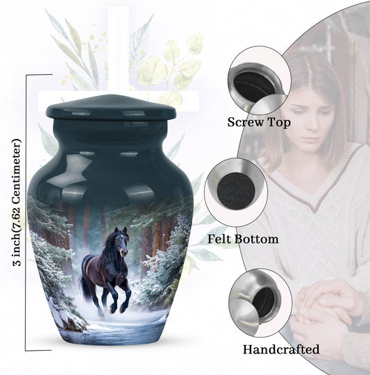 Misty Blue Horse Cremation Urn close-up of engraving and surface detail - classic sculpted horse pattern on smooth aluminum - mini keepsake memorial for portion of cremation ashes
