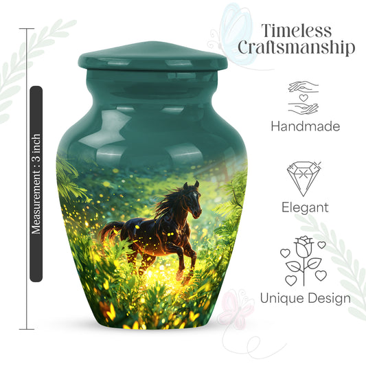 Sea Green Teal Horse Cremation Urn close-up of engraving and surface detail - classic sculpted horse pattern on smooth aluminum - mini keepsake memorial for portion of cremation ashes