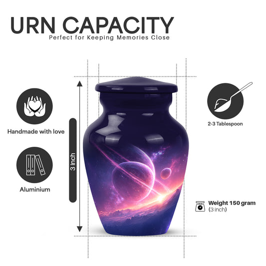 Icy Blue Galaxy Cremation Urn close-up of engraving and surface detail - timeless galaxy motif etched into premium metal - mini keepsake memorial for portion of cremation ashes