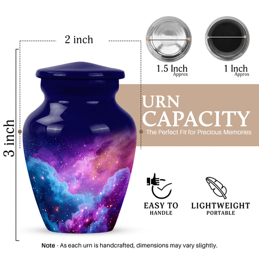Slate Blue Galaxy Cremation Urn close-up of engraving and surface detail - timeless galaxy motif etched into premium metal - mini keepsake memorial for portion of cremation ashes