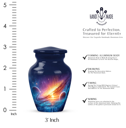 Icy Blue Galaxy Cremation Urn close-up of engraving and surface detail - classic sculpted galaxy pattern on smooth aluminum - mini keepsake memorial for portion of cremation ashes