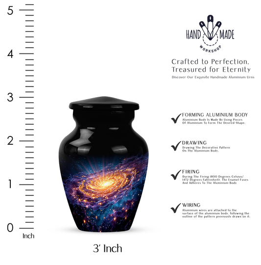 Charcoal Black Galaxy Cremation Urn close-up of engraving and surface detail - elegant classic galaxy relief with fine detailing - mini keepsake memorial for portion of cremation ashes