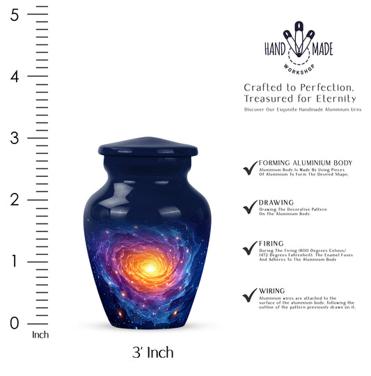 Slate Blue Galaxy Cremation Urn close-up of engraving and surface detail - classic sculpted galaxy pattern on smooth aluminum - mini keepsake memorial for portion of cremation ashes