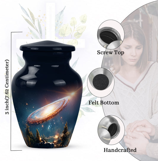 Soft Blue Galaxy Cremation Urn close-up of engraving and surface detail - elegant classic galaxy relief with fine detailing - mini keepsake memorial for portion of cremation ashes