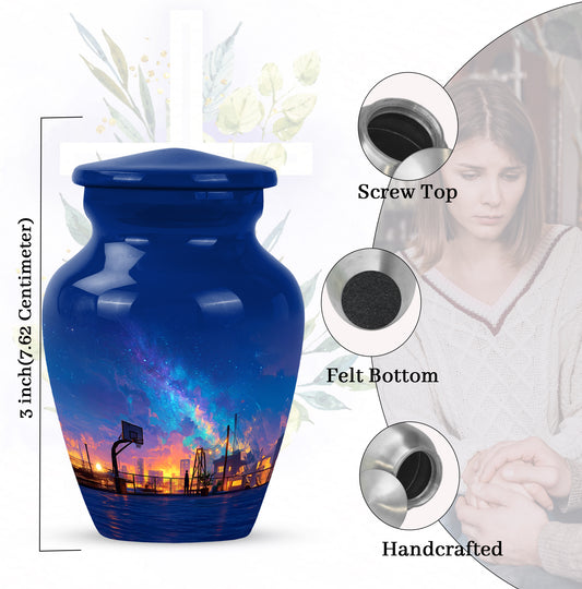 Navy Blue Basketball Cremation Urn close-up of engraving and surface detail - classic sculpted basketball pattern on smooth aluminum - mini keepsake memorial for portion of cremation ashes