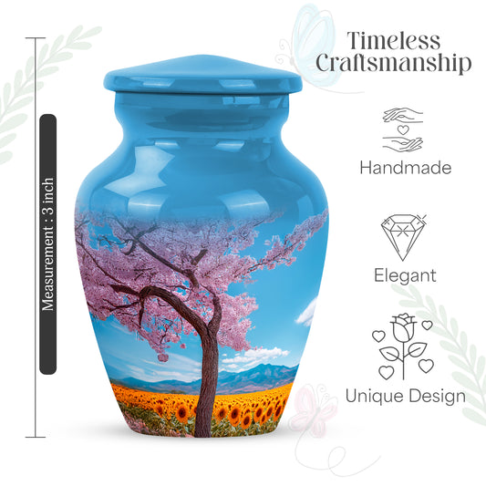 Icy Blue Cherry Blossom Cremation Urn close-up of engraving and surface detail - classic sculpted cherry blossom pattern on smooth aluminum - mini keepsake memorial for portion of cremation ashes