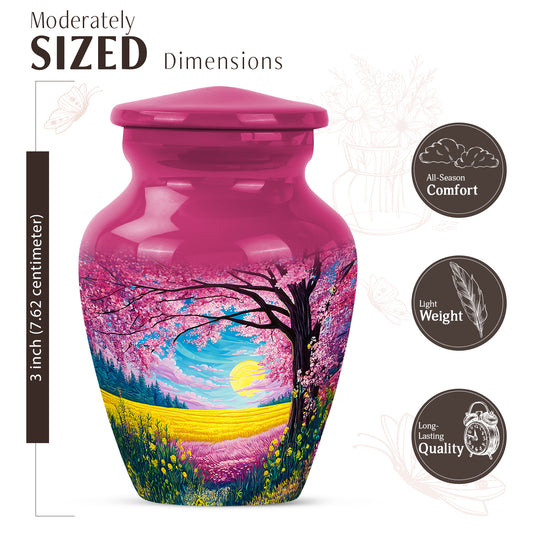 Pastel Pink Cherry Blossom Cremation Urn close-up of engraving and surface detail - timeless cherry blossom motif etched into premium metal - mini keepsake memorial for portion of cremation ashes