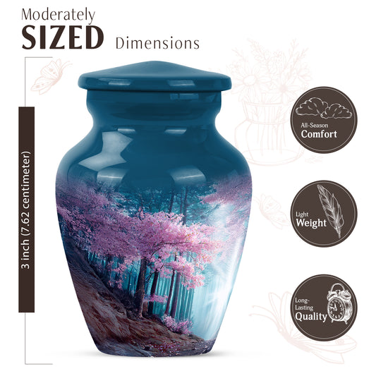 Bright Blue Cherry Blossom Cremation Urn close-up of engraving and surface detail - traditional cherry blossom engraving with hand-polished finish - mini keepsake memorial for portion of cremation ashes