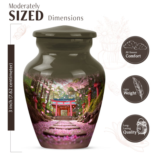 Harvest Gold Cherry Blossom Cremation Urn close-up of engraving and surface detail - traditional cherry blossom engraving with hand-polished finish - mini keepsake memorial for portion of cremation ashes