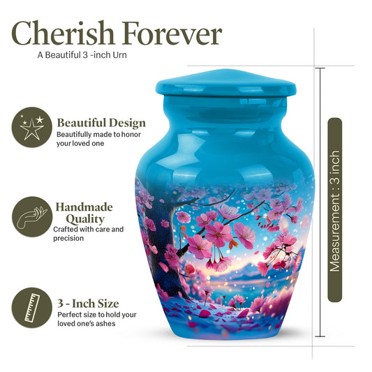 Vivid Teal Cherry Blossom Cremation Urn close-up of engraving and surface detail - elegant classic cherry blossom relief with fine detailing - mini keepsake memorial for portion of cremation ashes