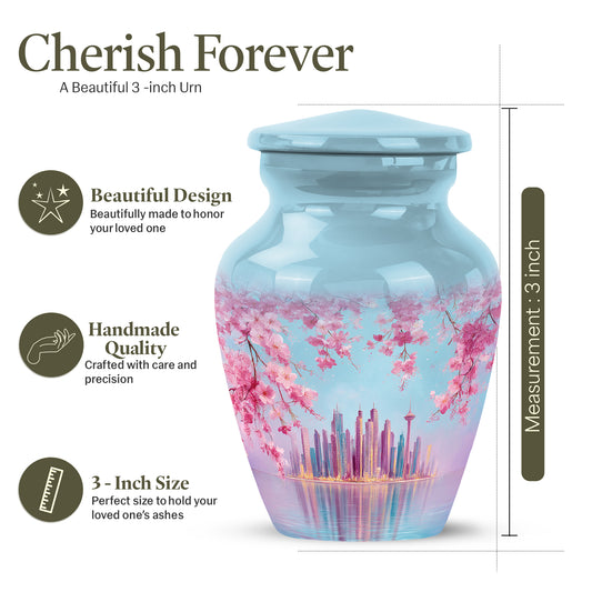 Dusty Blue Cherry Blossom Cremation Urn close-up of engraving and surface detail - classic sculpted cherry blossom pattern on smooth aluminum - mini keepsake memorial for portion of cremation ashes