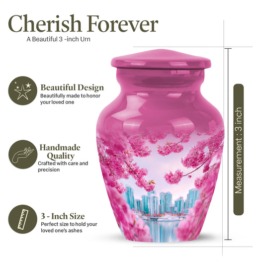 Blush Pink Cherry Blossom Cremation Urn close-up of engraving and surface detail - classic sculpted cherry blossom pattern on smooth aluminum - mini keepsake memorial for portion of cremation ashes