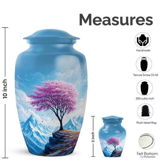 Vivid Blue Cherry Blossom Cremation Urn close-up of engraving and surface detail - elegant classic cherry blossom relief with fine detailing - mini keepsake memorial for portion of cremation ashes