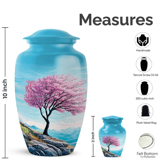 Tropical Teal Cherry Blossom Cremation Urn close-up of engraving and surface detail - traditional cherry blossom engraving with hand-polished finish - mini keepsake memorial for portion of cremation ashes