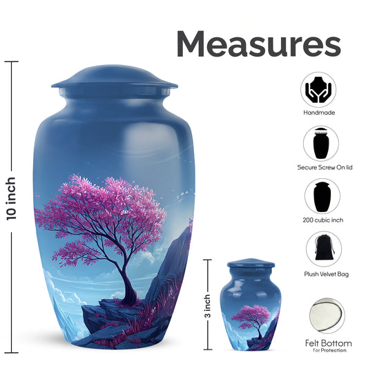 Powder Blue Cherry Blossom Cremation Urn close-up of engraving and surface detail - classic sculpted cherry blossom pattern on smooth aluminum - mini keepsake memorial for portion of cremation ashes