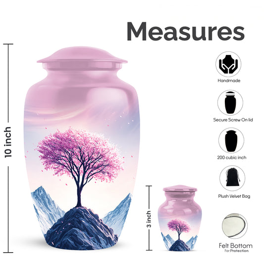 Rose Pink Cherry Blossom Cremation Urn close-up of engraving and surface detail - classic sculpted cherry blossom pattern on smooth aluminum - mini keepsake memorial for portion of cremation ashes