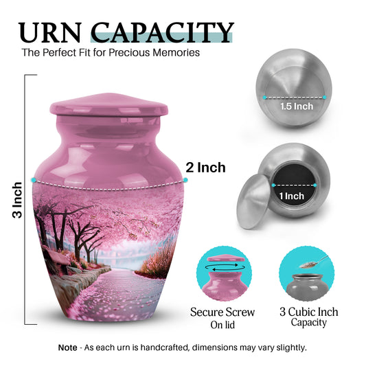 Rose Pink Cherry Blossom Cremation Urn close-up of engraving and surface detail - timeless cherry blossom motif etched into premium metal - mini keepsake memorial for portion of cremation ashes