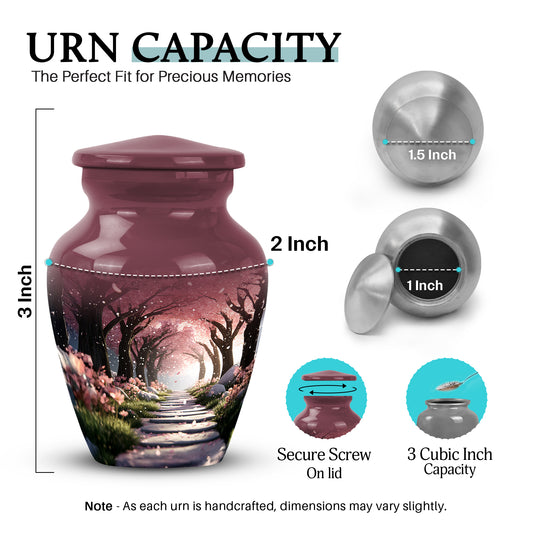 Burgundy Red Cherry Blossom Cremation Urn close-up of engraving and surface detail - classic sculpted cherry blossom pattern on smooth aluminum - mini keepsake memorial for portion of cremation ashes