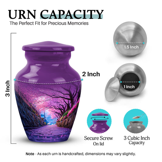 Majestic Purple Cherry Blossom Cremation Urn close-up of engraving and surface detail - classic sculpted cherry blossom pattern on smooth aluminum - mini keepsake memorial for portion of cremation ashes