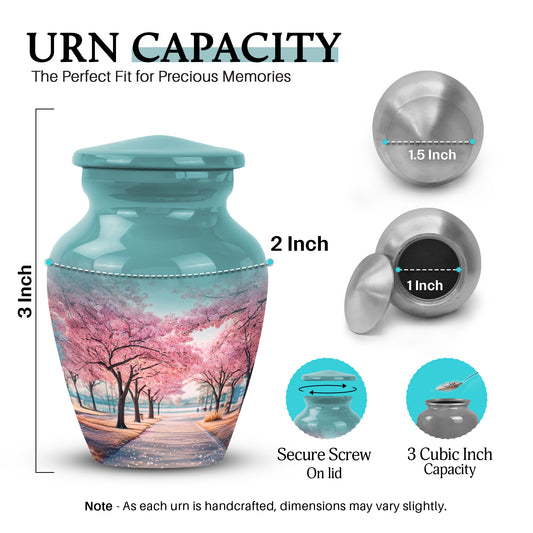 Vivid Teal Cherry Blossom Cremation Urn close-up of engraving and surface detail - elegant classic cherry blossom relief with fine detailing - mini keepsake memorial for portion of cremation ashes