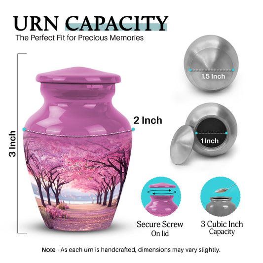 Salmon Pink Cherry Blossom Cremation Urn close-up of engraving and surface detail - traditional cherry blossom engraving with hand-polished finish - mini keepsake memorial for portion of cremation ashes
