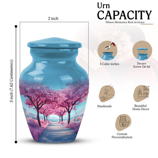 Pastel Blue Cherry Blossom Cremation Urn close-up of engraving and surface detail - classic sculpted cherry blossom pattern on smooth aluminum - mini keepsake memorial for portion of cremation ashes