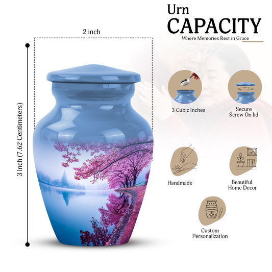 Sapphire Blue Cherry Blossom Cremation Urn close-up of engraving and surface detail - elegant classic cherry blossom relief with fine detailing - mini keepsake memorial for portion of cremation ashes