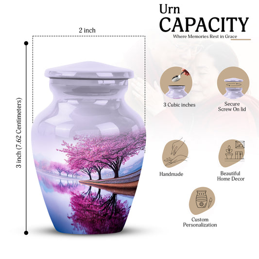 Cream White Cherry Blossom Cremation Urn close-up of engraving and surface detail - traditional cherry blossom engraving with hand-polished finish - mini keepsake memorial for portion of cremation ashes