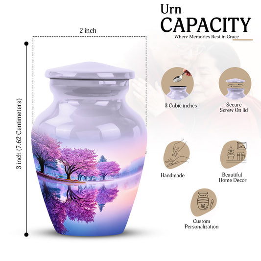 Alabaster White Cherry Blossom Cremation Urn close-up of engraving and surface detail - timeless cherry blossom motif etched into premium metal - mini keepsake memorial for portion of cremation ashes
