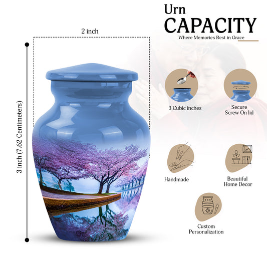 Serene Blue Cherry Blossom Cremation Urn close-up of engraving and surface detail - elegant classic cherry blossom relief with fine detailing - mini keepsake memorial for portion of cremation ashes
