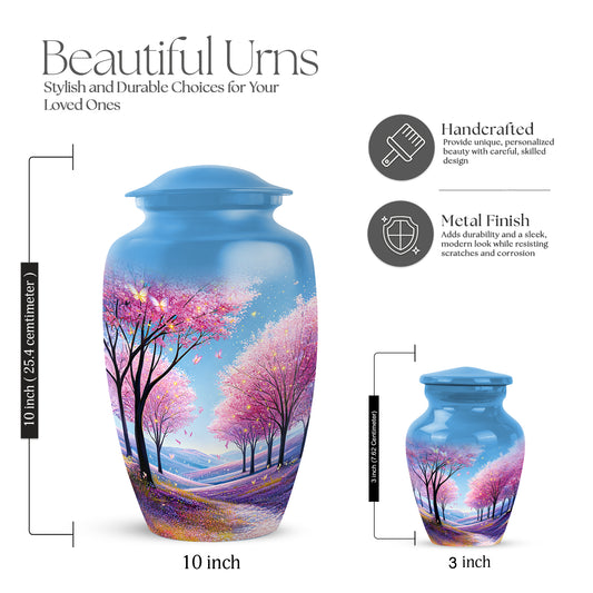 Dusty Blue Cherry Blossom Cremation Urn close-up of engraving and surface detail - timeless cherry blossom motif etched into premium metal - mini keepsake memorial for portion of cremation ashes