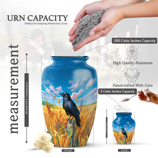 Powder Blue Crow Cremation Urn close-up of engraving and surface detail - classic sculpted crow pattern on smooth aluminum - mini keepsake memorial for portion of cremation ashes