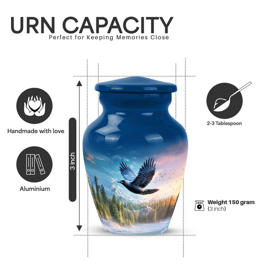 Twilight Blue Crow Cremation Urn close-up of engraving and surface detail - elegant classic crow relief with fine detailing - mini keepsake memorial for portion of cremation ashes