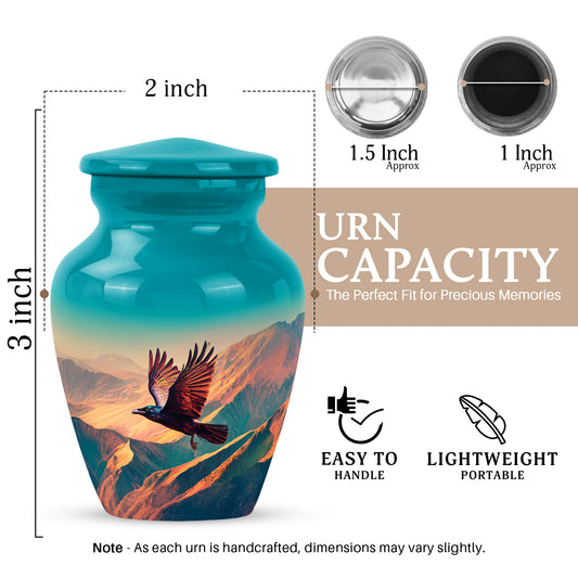 Jewel Teal Crow Cremation Urn close-up of engraving and surface detail - classic sculpted crow pattern on smooth aluminum - mini keepsake memorial for portion of cremation ashes