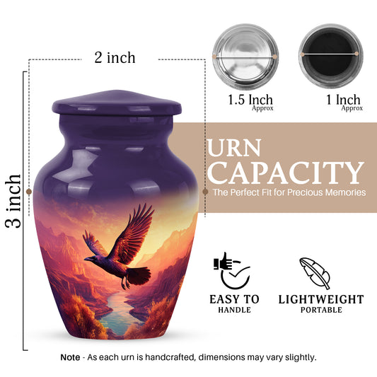 Amethyst Purple Crow Cremation Urn close-up of engraving and surface detail - classic sculpted crow pattern on smooth aluminum - mini keepsake memorial for portion of cremation ashes