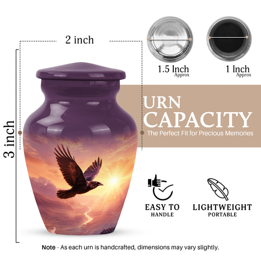 Dusty Pink Crow Cremation Urn close-up of engraving and surface detail - traditional crow engraving with hand-polished finish - mini keepsake memorial for portion of cremation ashes