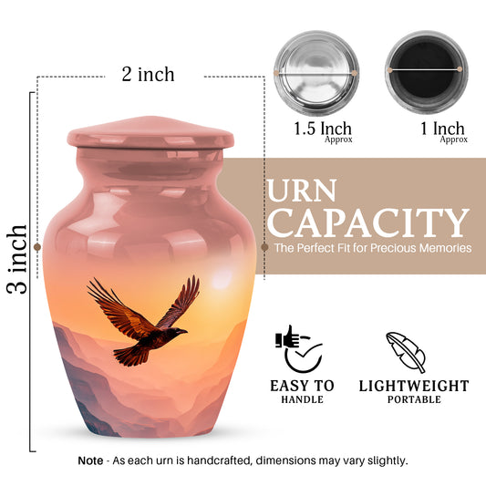 Deep Red Crow Cremation Urn close-up of engraving and surface detail - timeless crow motif etched into premium metal - mini keepsake memorial for portion of cremation ashes