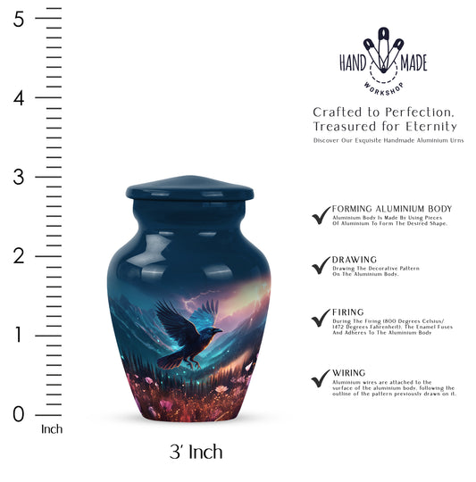 Pastel Blue Crow Cremation Urn close-up of engraving and surface detail - timeless crow motif etched into premium metal - mini keepsake memorial for portion of cremation ashes