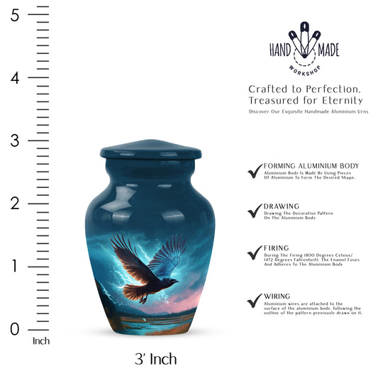 Bright Blue Crow Cremation Urn close-up of engraving and surface detail - traditional crow engraving with hand-polished finish - mini keepsake memorial for portion of cremation ashes