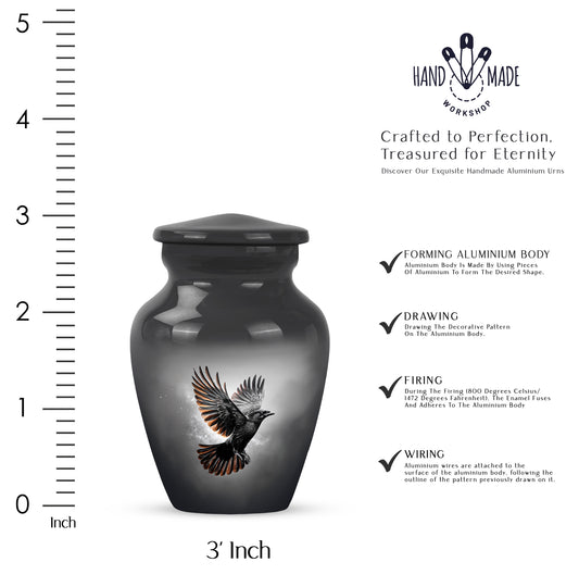 Midnight Black Crow Cremation Urn close-up of engraving and surface detail - traditional crow engraving with hand-polished finish - mini keepsake memorial for portion of cremation ashes