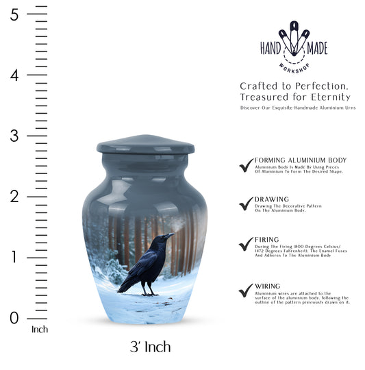 Steel Blue Crow Cremation Urn close-up of engraving and surface detail - traditional crow engraving with hand-polished finish - mini keepsake memorial for portion of cremation ashes