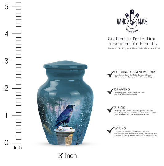 Vivid Blue Crow Cremation Urn close-up of engraving and surface detail - traditional crow engraving with hand-polished finish - mini keepsake memorial for portion of cremation ashes