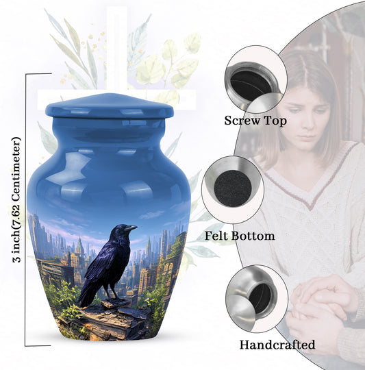 Indigo Crow Cremation Urn close-up of engraving and surface detail - timeless crow motif etched into premium metal - mini keepsake memorial for portion of cremation ashes